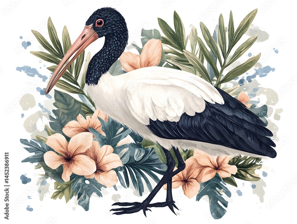 Fototapeta premium A detailed illustration depicts a majestic wood ibis standing amidst lush tropical foliage and delicate peach blossoms.
