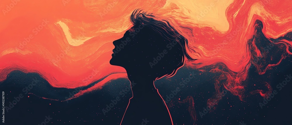 Abstract art: Woman's silhouette amidst swirling colors, expressing emotion, thoughts, and inner peace.