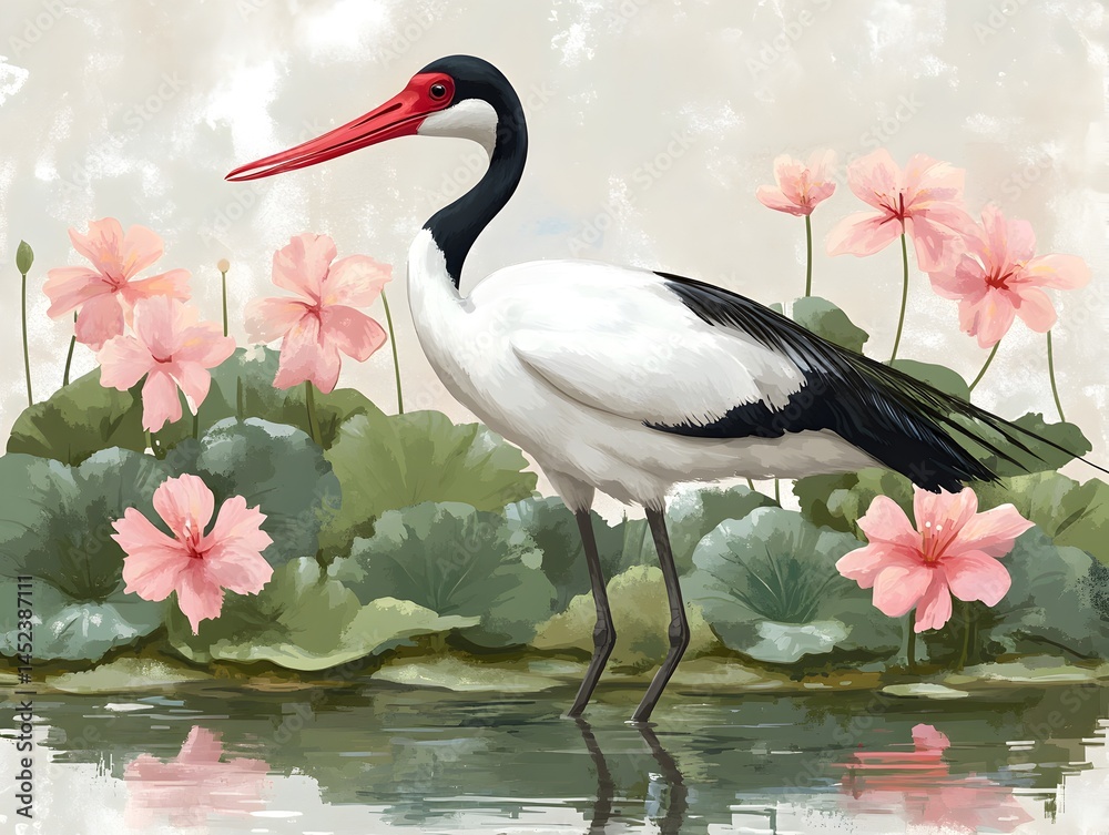 Naklejka premium A majestic white and black crane with a long red beak stands gracefully amidst pink hibiscus flowers and lush green foliage near tranquil water.