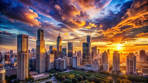 Stunning Sunset Cityscape Panorama - Golden Hour Skyline View