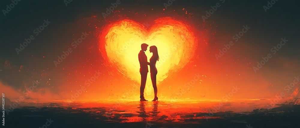 Silhouette couple embracing, fiery heart background.