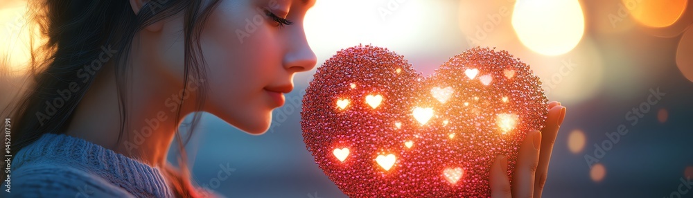 Woman holding glowing heart, love, romance, hope.