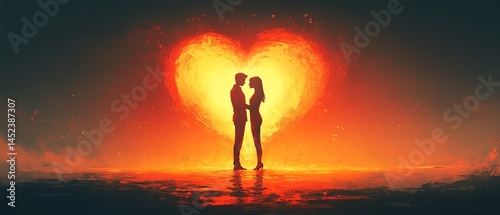 Obraz na płótnie Silhouette couple embracing, fiery heart background. w salonie