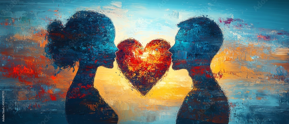 Silhouette couple sharing a heart, abstract art.