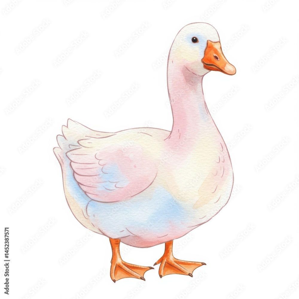 Obraz premium Watercolor Illustration of a White Goose with Orange Beak Standing Isolated