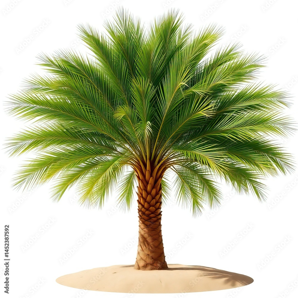 Fototapeta premium Lush Tropical Palm Tree on Sand – Isolated Green Palm with Vibrant Leaves on White Background