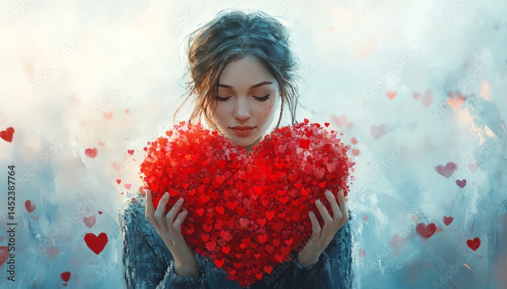 Digital painting of a woman holding an oversized heart made of small red hearts