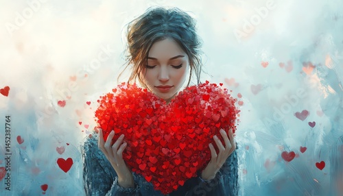Obraz na płótnie Digital painting of a woman holding an oversized heart made of small red hearts w salonie