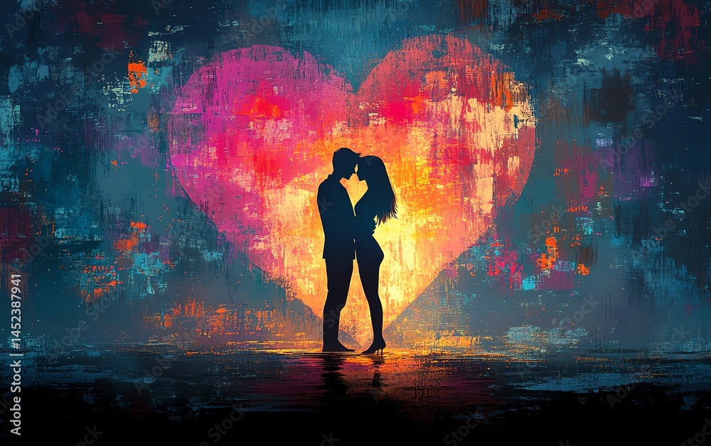 Lovethemed digital illustration of a couple embraced in a heart silhouette, generative AIassisted artwork, glowing ambiance, romantic atmosphere, highresolution painting