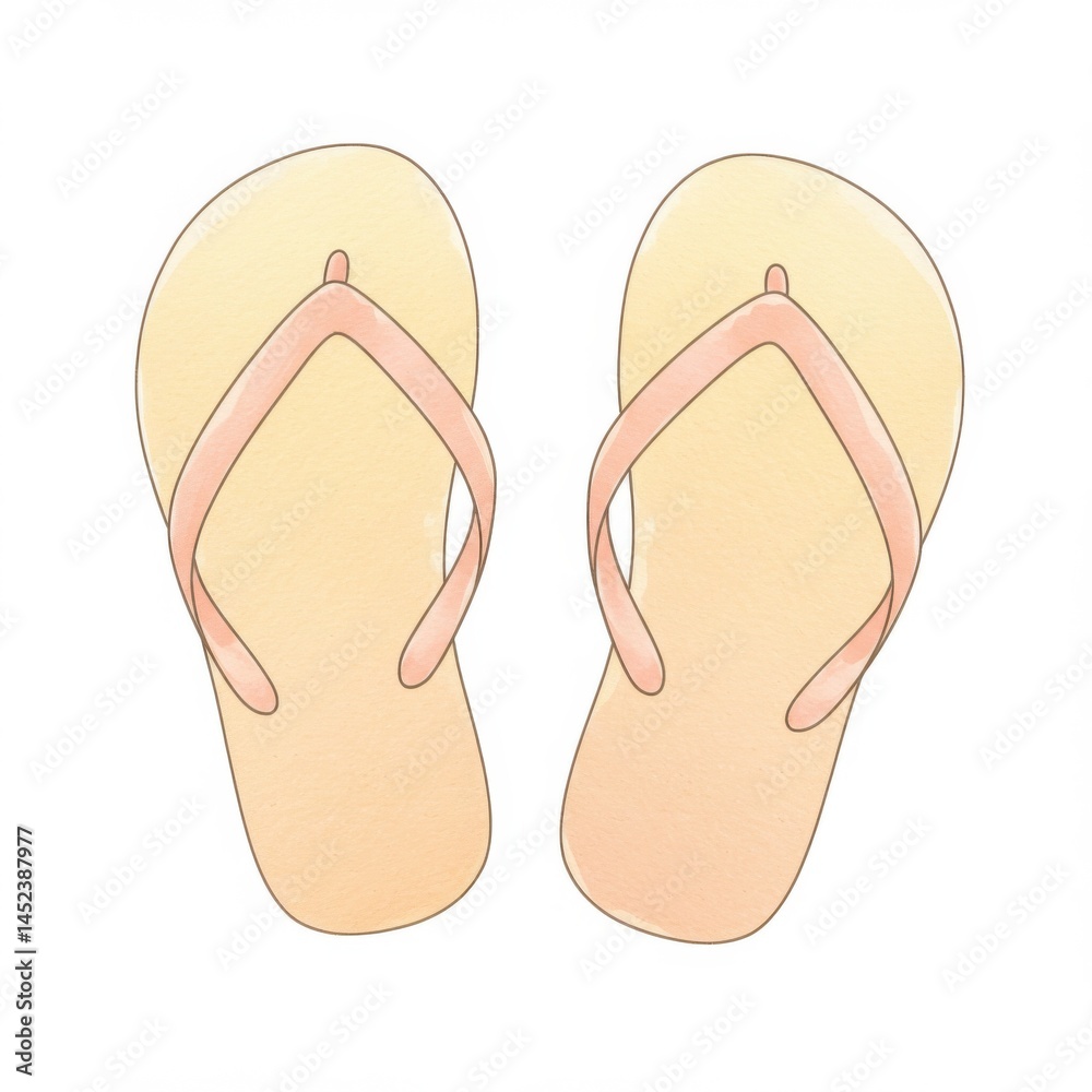 Pair of Light Yellow Flip Flops with Pink Straps on White Background Isolated Pair of Light Yellow Flip Flops with Pink Straps on White Background Isolated