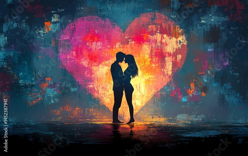 Obraz na płótnie Lovethemed digital illustration of a couple embraced in a heart silhouette, generative AIassisted artwork, glowing ambiance, romantic atmosphere, highresolution painting w salonie