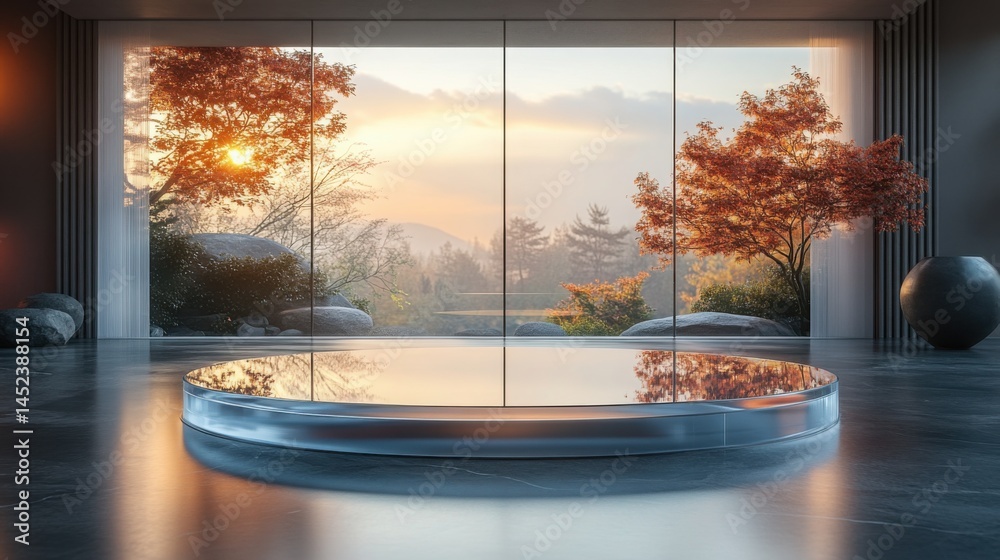 Fototapeta premium Serene Minimalist Interior Design Glass Platform Reflecting Autumnal Landscape