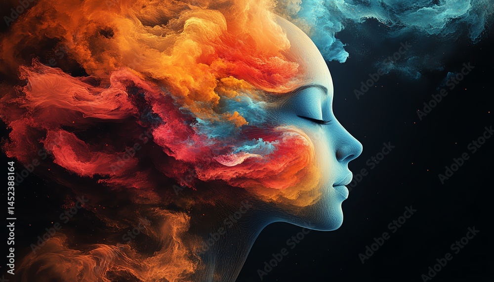 Modern abstract representation of emotions and thoughts as colorful swirls in a human head silhouette