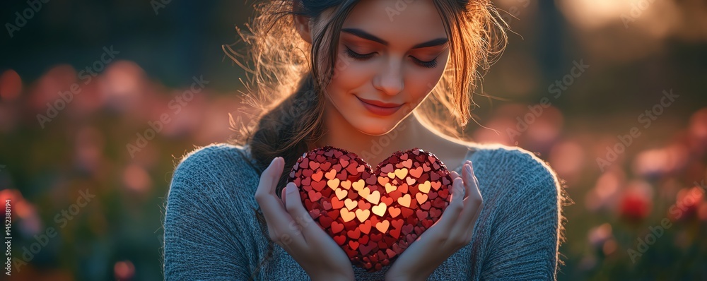Woman holding glowing heart, love, hope, kindness