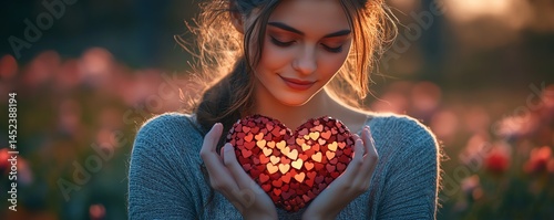Obraz na płótnie Woman holding glowing heart, love, hope, kindness w salonie