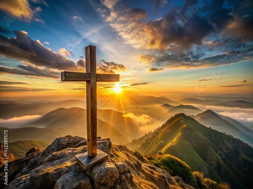 Sunrise Mountaintop Cross: Foggy Valley & Golden Light Stock Photo