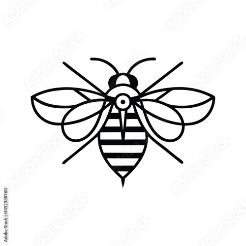 Graphic illustration of silhouette honey bee. Isolated on white background vector drawing for honey products, packaging, design.