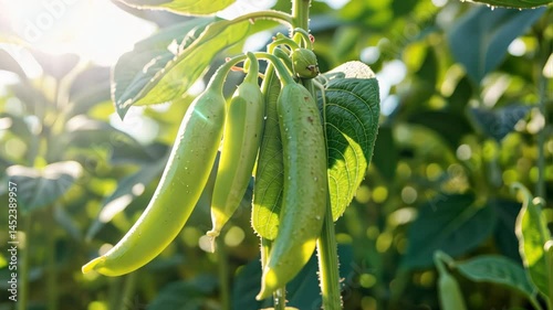 Fresh green peas growing in sunlight against a lush background  