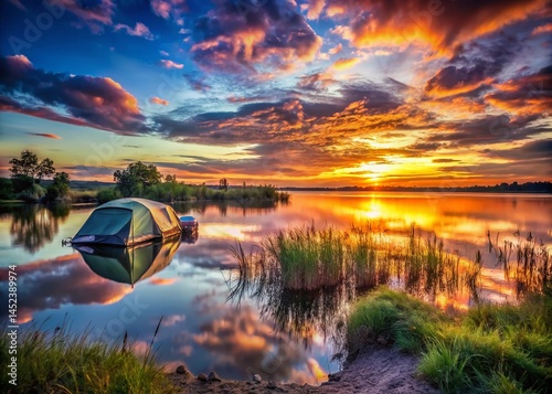 Sunset Lake Camping: Tourist Tent & Car by Reeds, Double Exposure Travel Photography