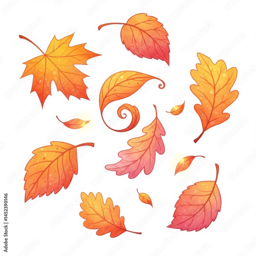 Fototapeta premium Collection of Watercolor Autumn Leaves in Shades of Orange Red and Yellow