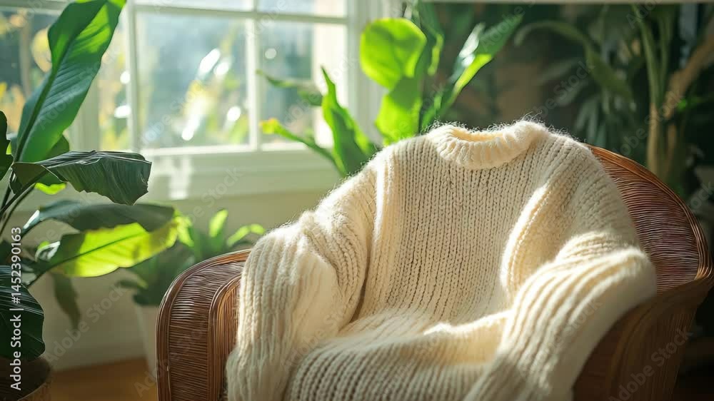 A video drifts through sunlit houseplants toward a wicker armchair draped with a thick cream sweater. Concept of cozy sustainable living and mindful home comfort.