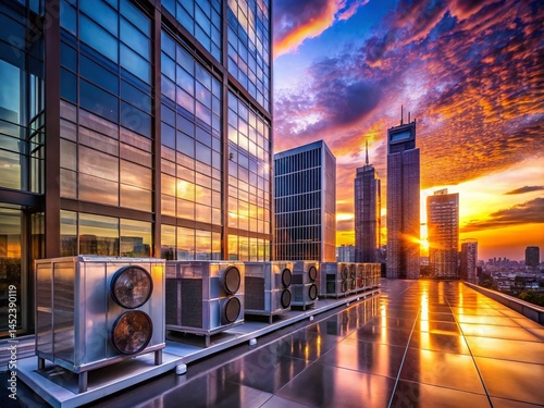 Sunset Reflections: Glass Building & Industrial AC Units - Low Light Photography