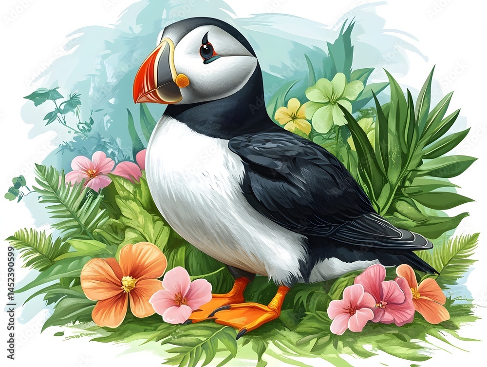 Naklejka premium A charming illustration depicts an Atlantic puffin standing amidst vibrant tropical flowers and lush green foliage.