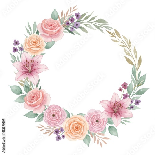Watercolor Floral Wreath with Pink Roses Lilies and Green Leaves on White Background