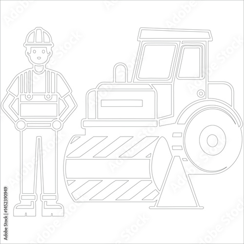Female Asphalt Paver Operator Engineer in Hard Hat at Industrial Highway Construction Site Roadwork, Safety, Machinery, and Team Collaboration Line Art
