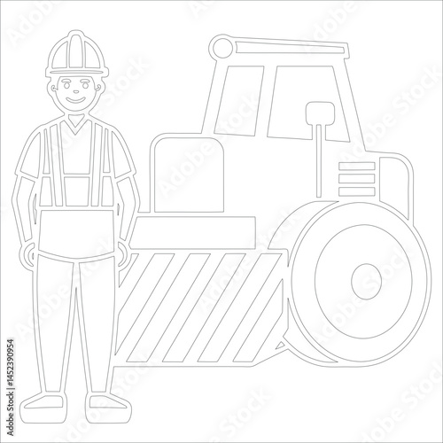 Female Asphalt Paver Operator Engineer in Hard Hat at Industrial Highway Construction Site Roadwork, Safety, Machinery, and Team Collaboration Line Art