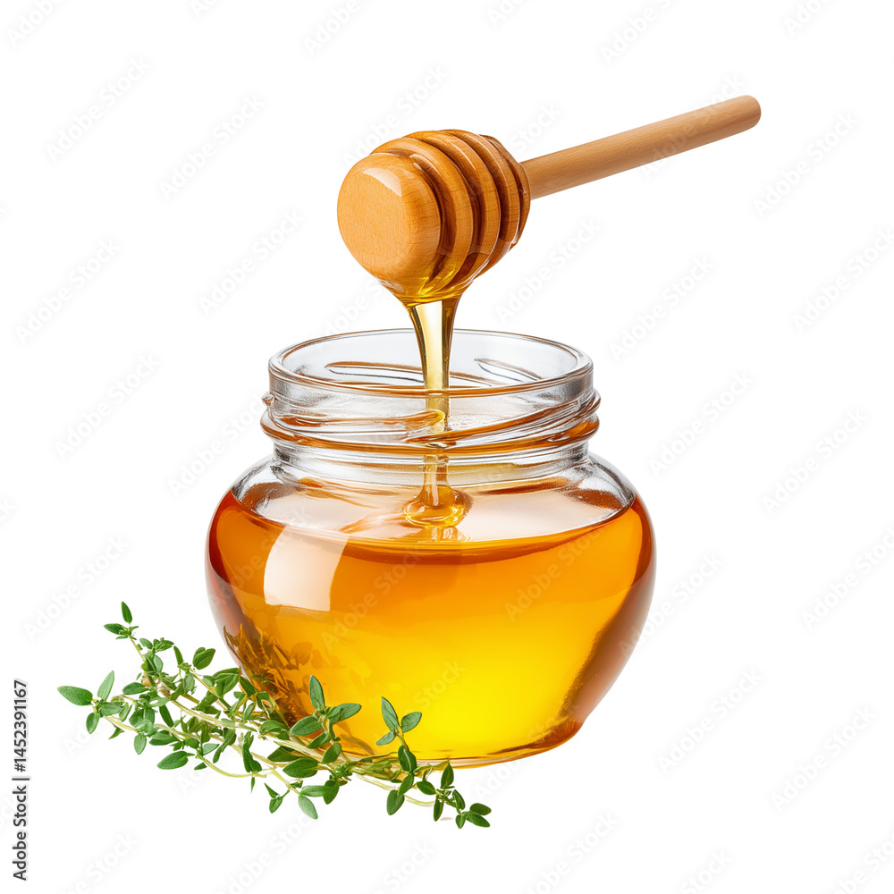 Jar of thyme honey with fresh thyme sprigs