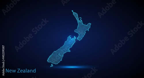 Futuristic map of New Zealand with glowing cyan lines against a gradient background