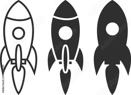 Set of rocket icons with eliminator and fire, symbol of startups and business growth in three versions, line, iso and silhouette in black color.