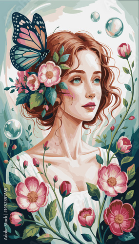 A girl with summer flowers in her hair and a butterfly sitting on her. Color illustration in watercolor style. Vector graphics. EPS.