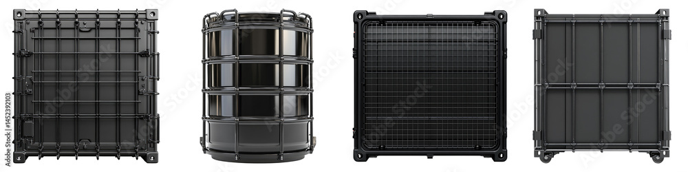 Set of black intermediate bulk container isolated on transparent, PNG Set of black intermediate bulk container isolated on transparent, PNG