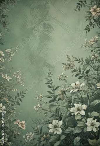 Muted green floral grunge background  Retro faded botanical texture , retro, pastel, plant