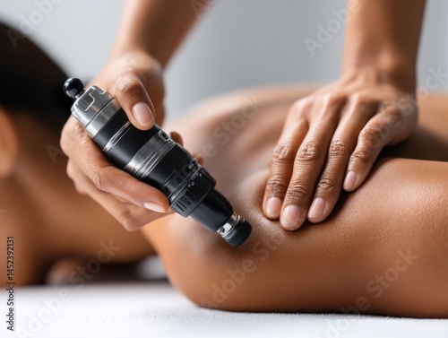 Latino woman receiving Radial Pressure Wave Therapy for back pain relief with a handheld medical device