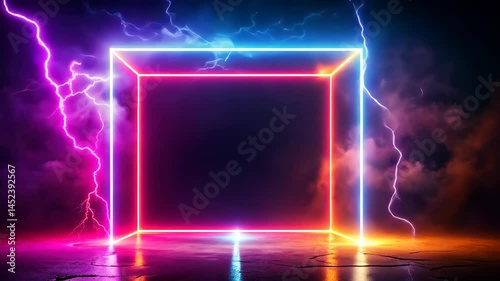 Neon Cube Portal with Electric Lightning and Smoke
