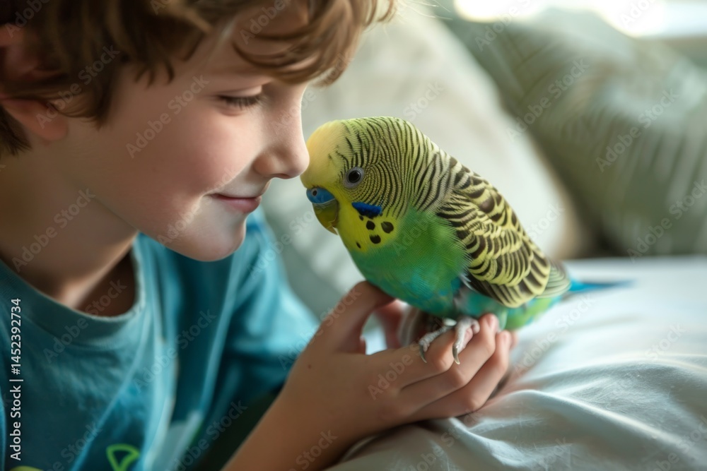 Boy Teaching Parakeet Tricks