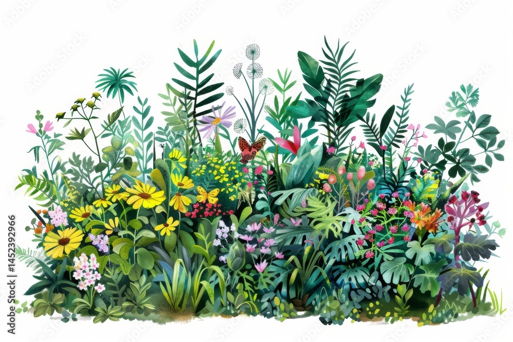 Lush Garden with Blooming Wildlife