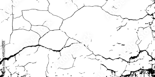 Cracked Surface Grunge Texture Vector. Grunge design crack texture background.  Black Isolated on White Background. Distressed black texture.  Uneven Overlay. Vector Illustration