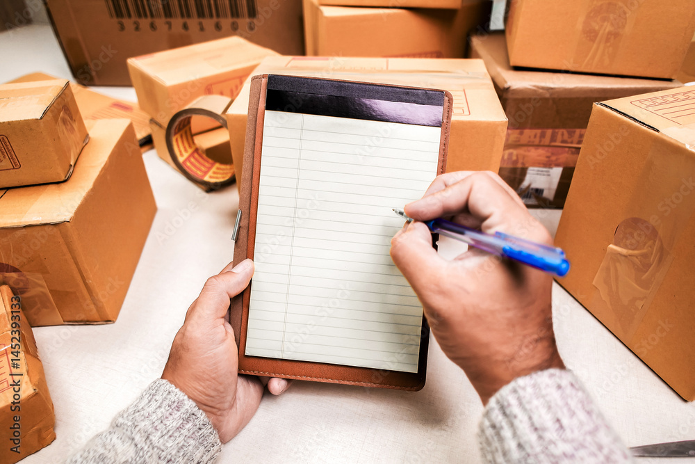 Seller Checking Packing boxes, Hands with pen writing on a blank notepad near cardboard boxes. Inventory check or packing list creation. e-commerce concept