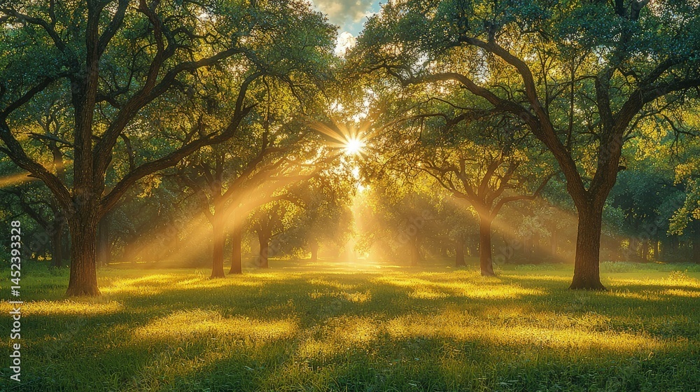 Obraz premium Golden light path through woods forest scenery