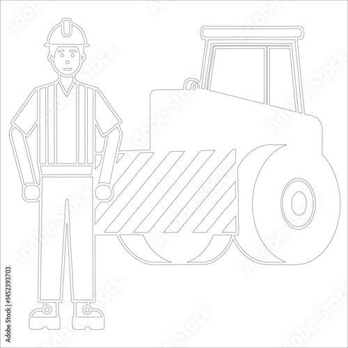 Female Asphalt Paver Operator Engineer in Hard Hat at Industrial Highway Construction Site Roadwork, Safety, Machinery, and Team Collaboration Line Art