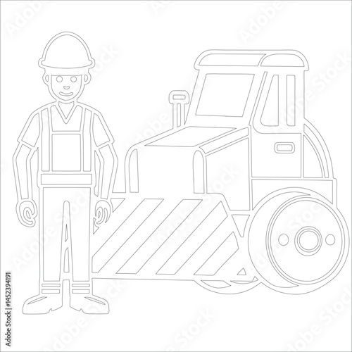 Female Asphalt Paver Operator Engineer in Hard Hat at Industrial Highway Construction Site Roadwork, Safety, Machinery, and Team Collaboration Line Art