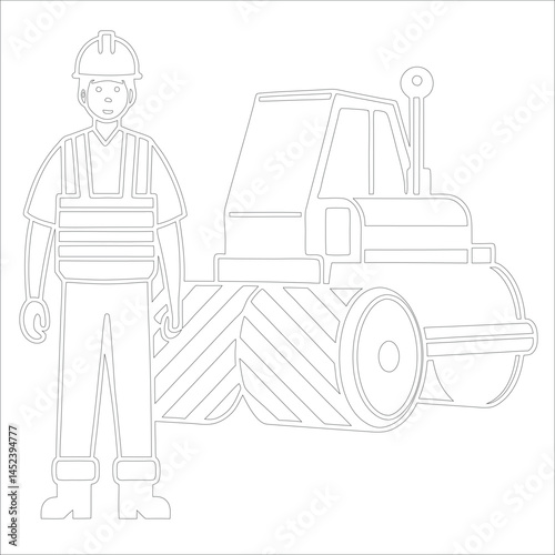 Female Asphalt Paver Operator Engineer in Hard Hat at Industrial Highway Construction Site Roadwork, Safety, Machinery, and Team Collaboration Line Art