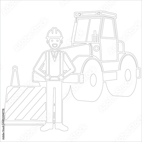 Female Asphalt Paver Operator Engineer in Hard Hat at Industrial Highway Construction Site Roadwork, Safety, Machinery, and Team Collaboration Line Art