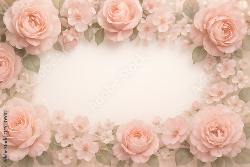 ピーチローズと桜のロマンチックぼかしフレーム