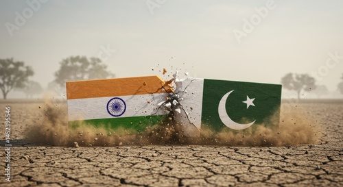 Tension and Conflict: Collision of India and Pakistan Flags on Arid Terrain