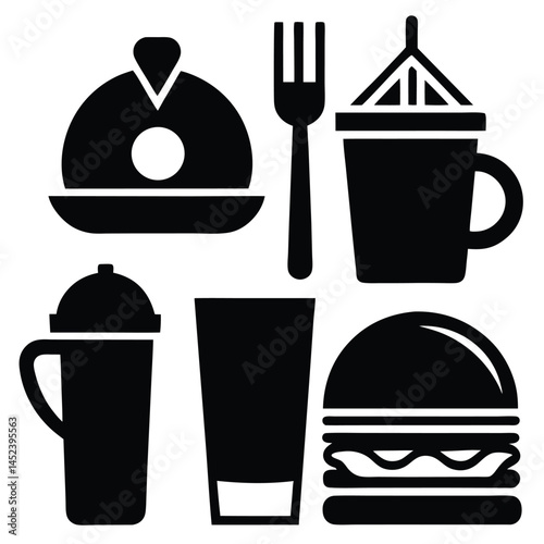 Food and Drink Icon Set Restaurant Utensils and Beverage Cups